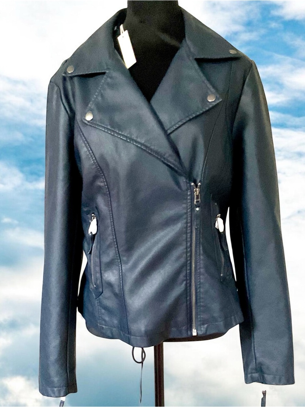 MAX STUDIO Navy Faux leather Moto Jacket L NWT